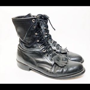 Justin Roper Black Leather Fringe Lace-up Boots